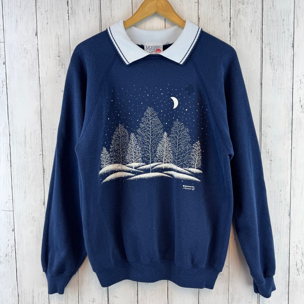 VTG Morning Sun Blue Collared Sweatshirt Grandma Winter Forest Forrer Size XL